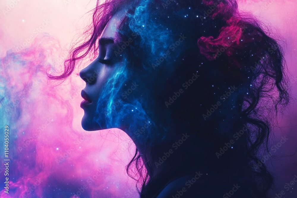 Double exposure portrait of a woman blending with a vibrant space nebula, featuring swirling galaxies and stars in a cosmic surrealism style. A mystical connection to the universe Double exposure portrait of a woman blending with a vibrant space nebula, featuring swirling galaxies and stars in a cosmic surrealism style. A mystical connection to the universe