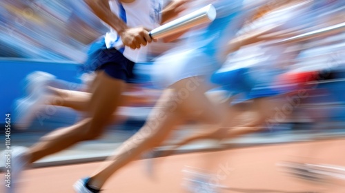 Motion blur image of relay race runners exchanging baton.
