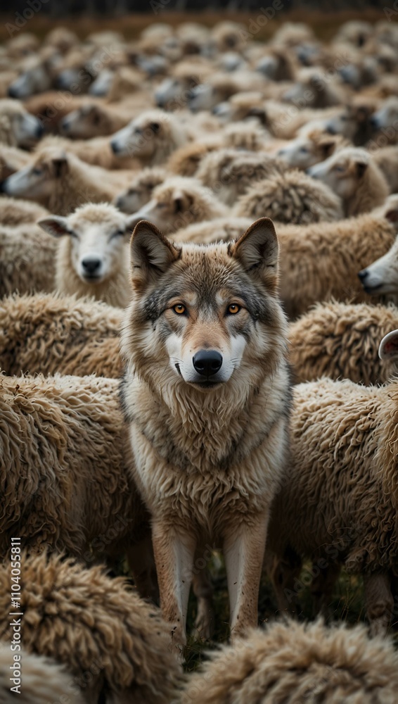 A wolf blending in among sheep, presenting hidden dangers. A wolf blending in among sheep, presenting hidden dangers.