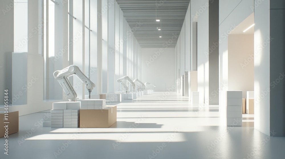 Fototapeta premium Robotic arms in a bright, minimalist warehouse processing cardboard boxes.
