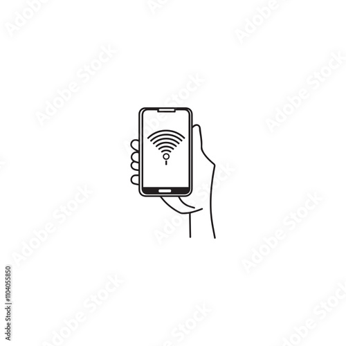 Hand Holding Smart Phone . Black hand holding smart phone icon on white background. vector illustration