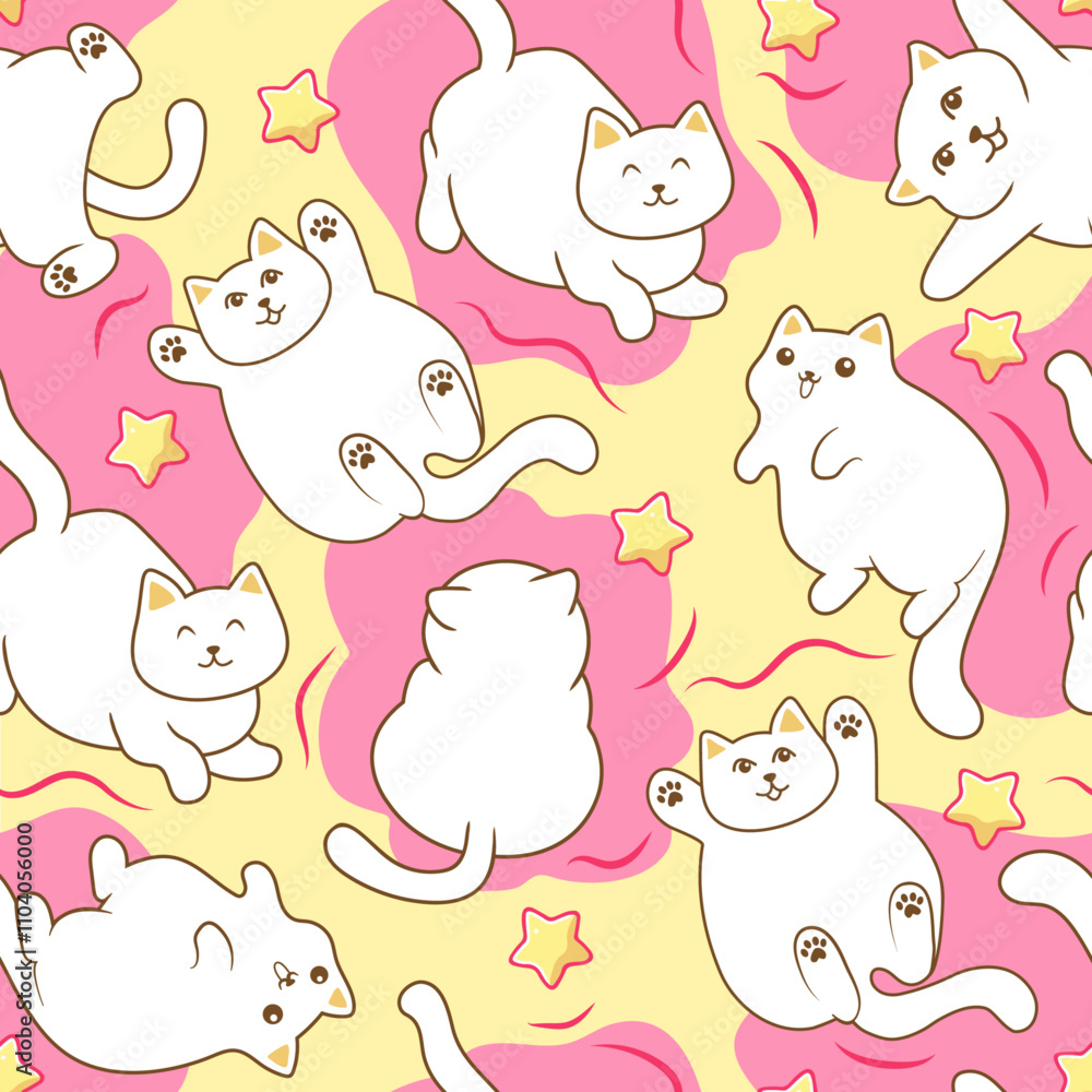 The sweet seamless pattern with a kawaii white kittens. Children's and bright cartoon illustration with cute cats, lines and stars. The sweet seamless pattern with a kawaii white kittens. Children's and bright cartoon illustration with cute cats, lines and stars.