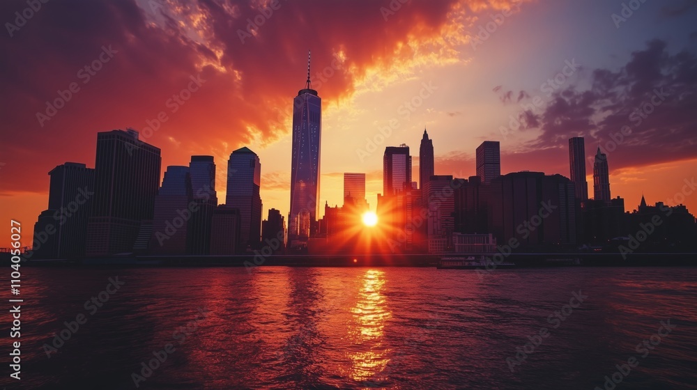A stunning NYC sunset casts a golden glow over iconic skyscrapers and a shimmering East River. A stunning NYC sunset casts a golden glow over iconic skyscrapers and a shimmering East River.