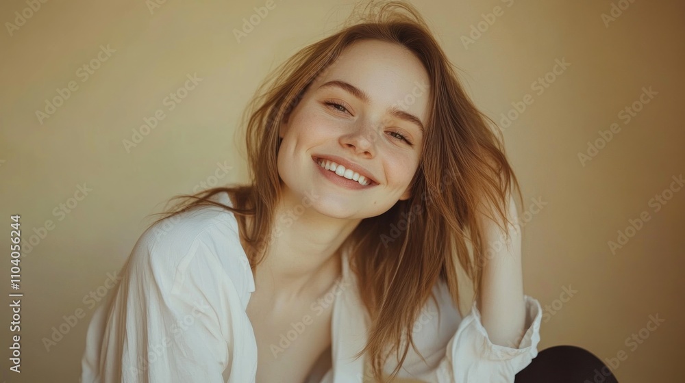 Portrait of a smiling young woman with light brown hair, wearing an unbuttoned white shirt. Portrait of a smiling young woman with light brown hair, wearing an unbuttoned white shirt.