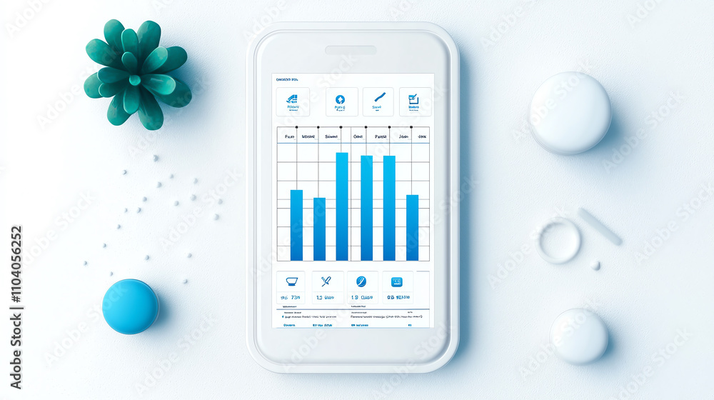Modern smartphone displaying financial data with graphs and charts, surrounded by decorative elements like plant and circular objects, creating clean and organized workspace Modern smartphone displaying financial data with graphs and charts, surrounded by decorative elements like plant and circular objects, creating clean and organized workspace