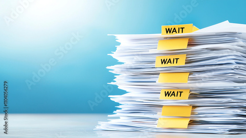 Stack of documents with yellow WAIT stamps organized neatly. image conveys sense of anticipation and order amidst paperwork