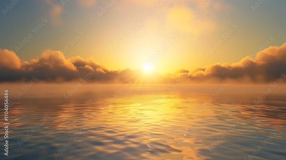Golden Sunset Over Calm Ocean Water With Clouds Golden Sunset Over Calm Ocean Water With Clouds