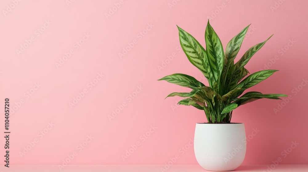 Lush Green Plant in Modern White Pot Against Pink Wall Background Lush Green Plant in Modern White Pot Against Pink Wall Background