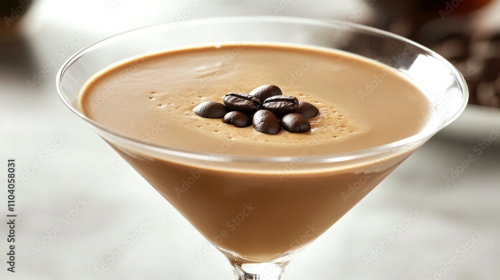 Close-up of a creamy coffee martini garnished with coffee beans in a clear glass.