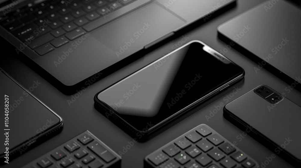 A collection of sleek black tech devices arranged on a dark surface. A collection of sleek black tech devices arranged on a dark surface.