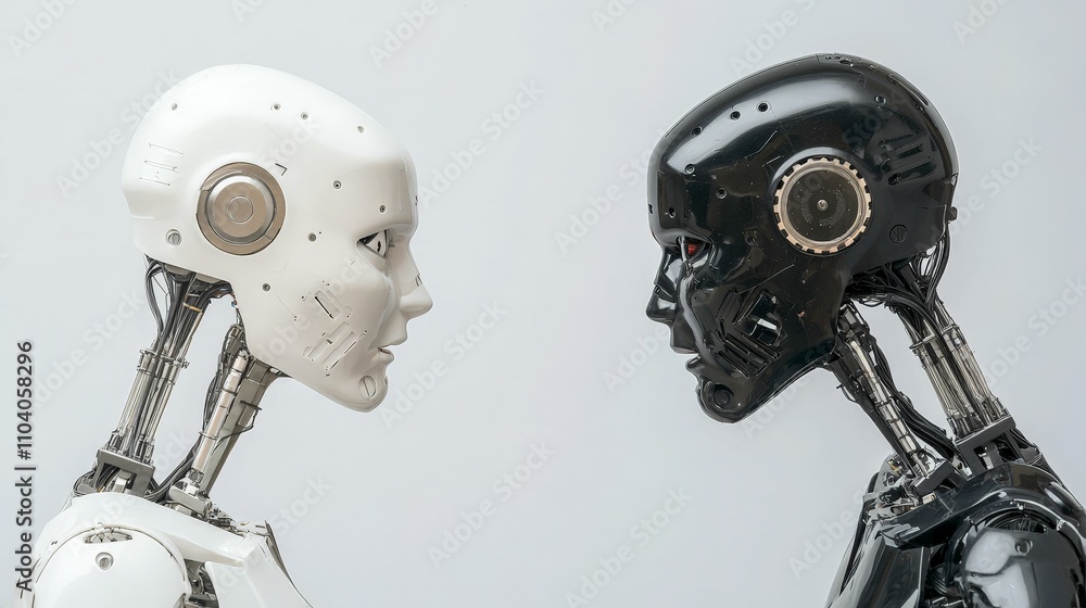 dystopia society concept. A close-up of two humanoid robots, one white and one black, facing each other, showcasing intricate designs and mechanical features. dystopia society concept. A close-up of two humanoid robots, one white and one black, facing each other, showcasing intricate designs and mechanical features.