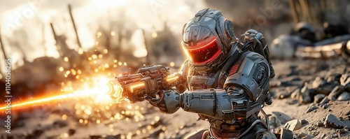 dystopia society concept. A futuristic soldier in armor fires a laser weapon amidst a desolate landscape, highlighting a sci-fi battle scene with explosive effects.