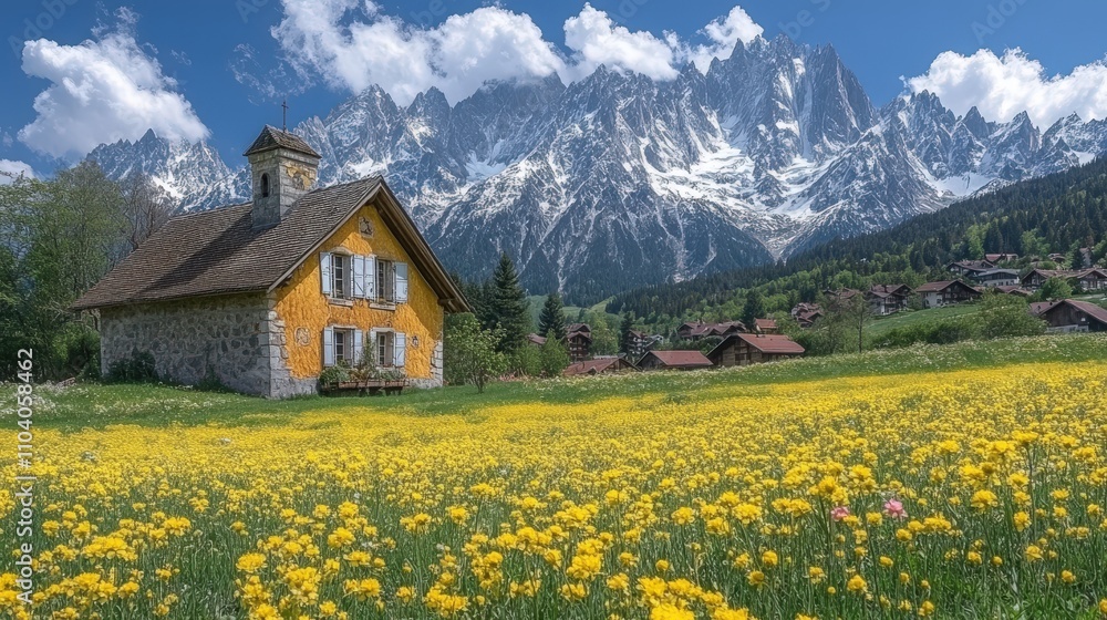 A picturesque yellow house surrounded by a vibrant field and majestic mountains. A picturesque yellow house surrounded by a vibrant field and majestic mountains.