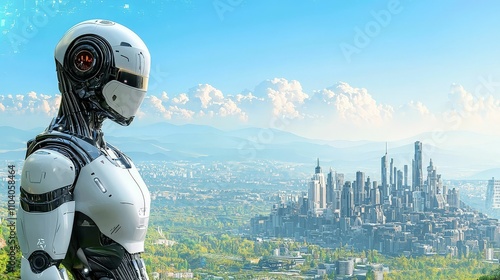 dystopia society concept. A futuristic robot gazes over a sprawling, advanced cityscape under a bright sky, embodying themes of technology and innovation. photo