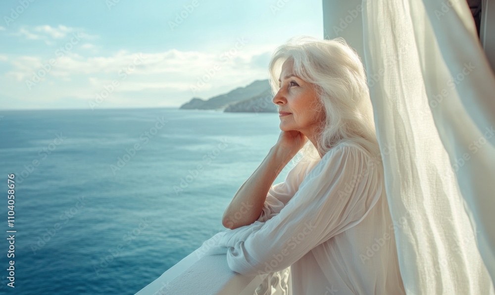 Serene Elderly Woman Gazing at Sea from Balcony Serene Elderly Woman Gazing at Sea from Balcony
