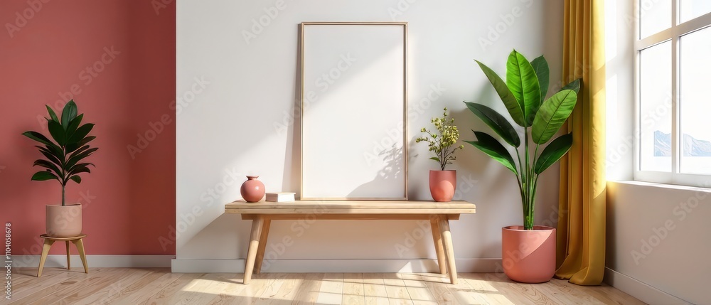 Trendy Interior Poster Mockup with Table - 3D Design Trendy Interior Poster Mockup with Table - 3D Design