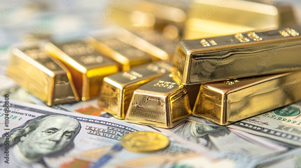 Closeup view of shiny gold bullion bars stacked on top of US dollar bills against a blurry financial background symbolizing wealth investment and economic prosperity Closeup view of shiny gold bullion bars stacked on top of US dollar bills against a blurry financial background symbolizing wealth investment and economic prosperity