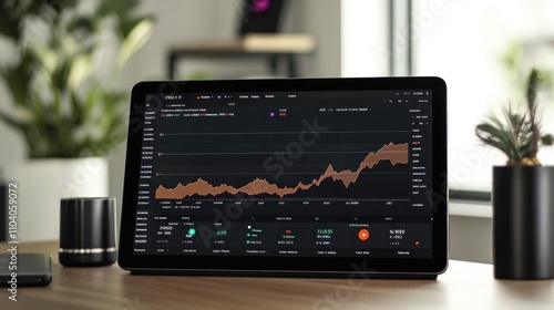 Stock market data displayed on a tablet, showing upward trending graph.