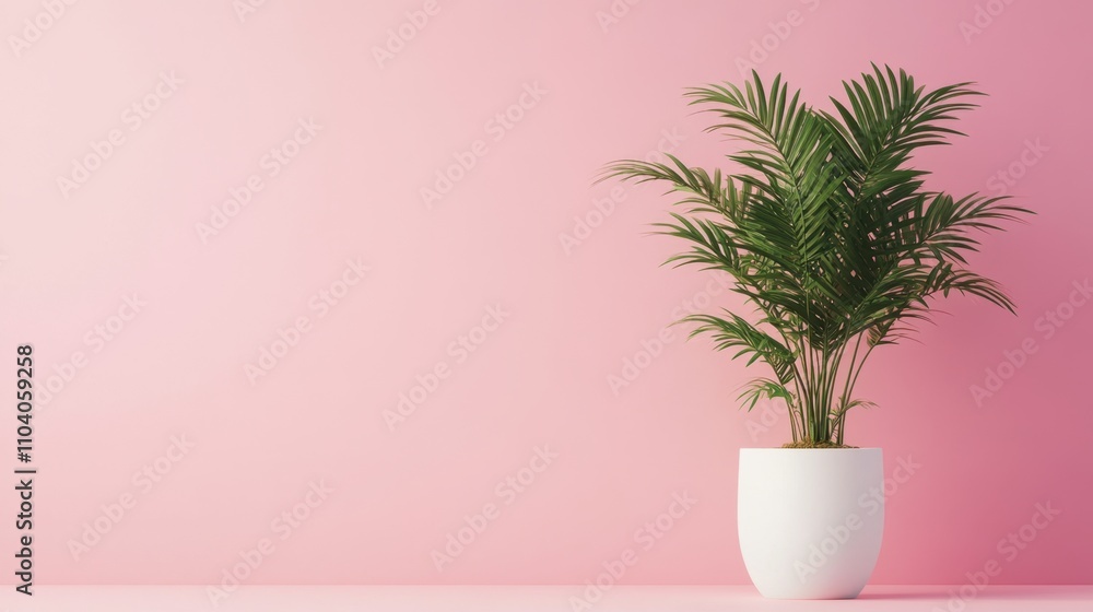 Fresh Green Plant in White Pot Against Soft Pink Background Fresh Green Plant in White Pot Against Soft Pink Background