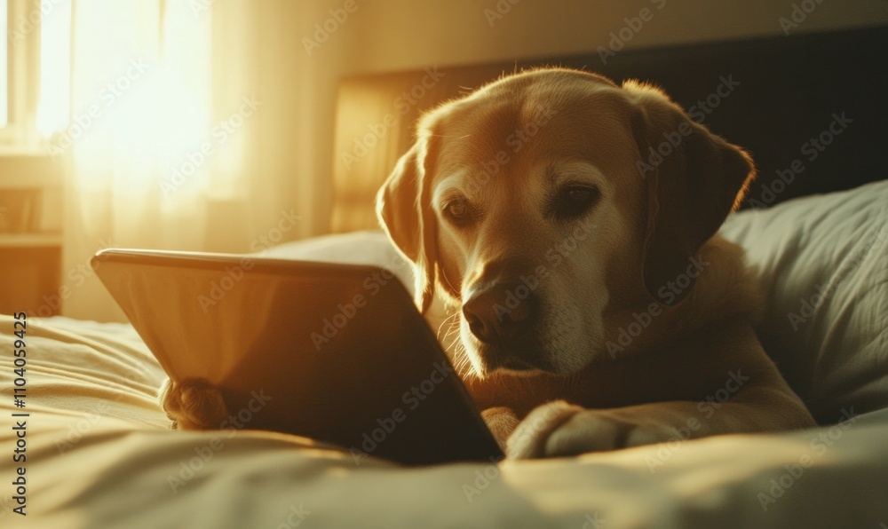 Dog Relaxing with Tablet in Cozy Bedroom Light Dog Relaxing with Tablet in Cozy Bedroom Light