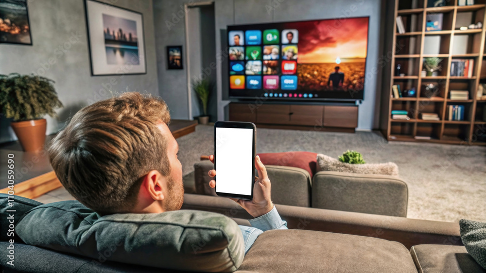 Cozy Living Room Scene with a Man Relaxing on a Sofa, Watching TV, and Using a Smartphone in a Bright and Inviting Modern Interior Cozy Living Room Scene with a Man Relaxing on a Sofa, Watching TV, and Using a Smartphone in a Bright and Inviting Modern Interior