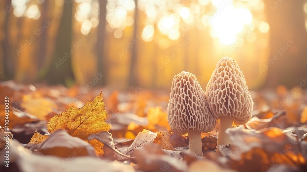 Mushrooms Emerging from Leaf Litter in Soft Woodland Light Mushrooms Emerging from Leaf Litter in Soft Woodland Light