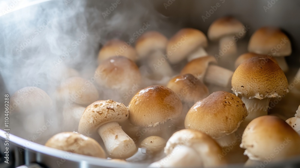 Soft Mushrooms in Steaming Broth in Traditional Kitchen Soft Mushrooms in Steaming Broth in Traditional Kitchen
