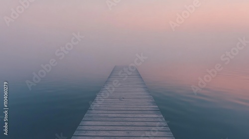 Misty sunrise over calm lake with wooden dock extending to the horizon.