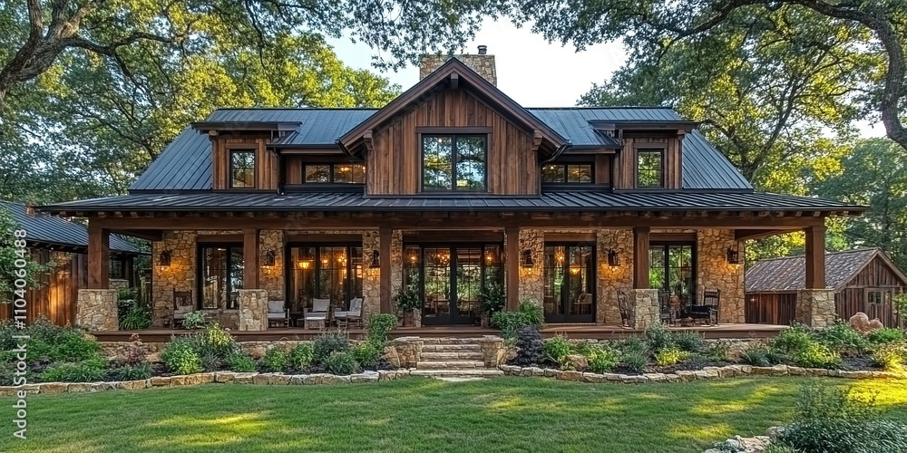 Beautiful rustic home design with stone and wood accents surrounded by greenery Beautiful rustic home design with stone and wood accents surrounded by greenery