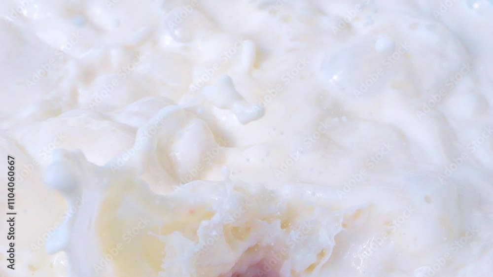 Fresh organic strawberries falling into milk, creating creamy splashes in slow motion 300fps Fresh organic strawberries falling into milk, creating creamy splashes in slow motion 300fps