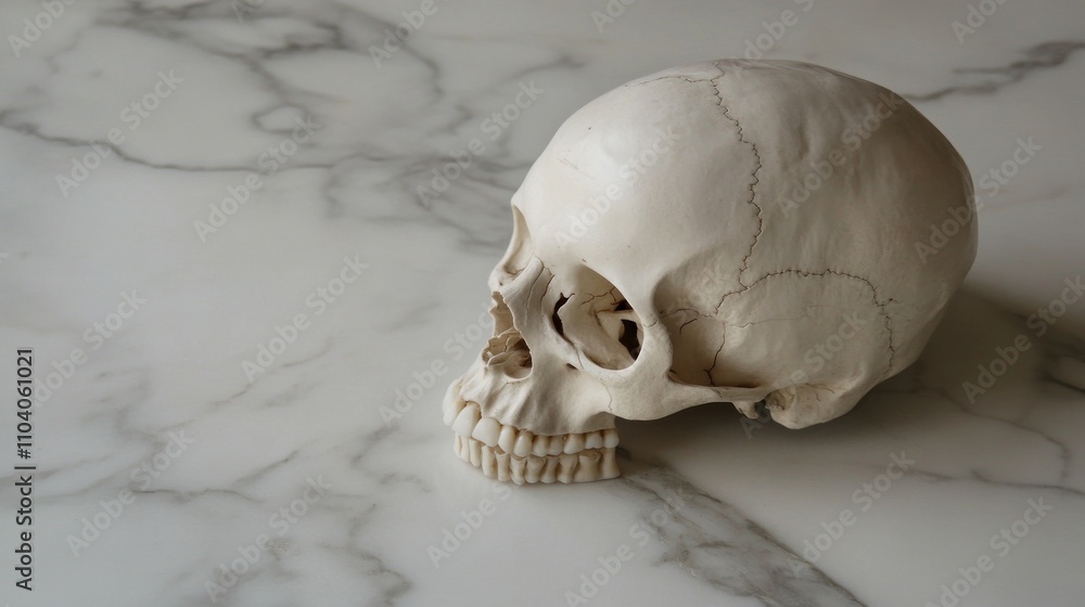 Obraz premium Human skull model on marble surface, profile view.