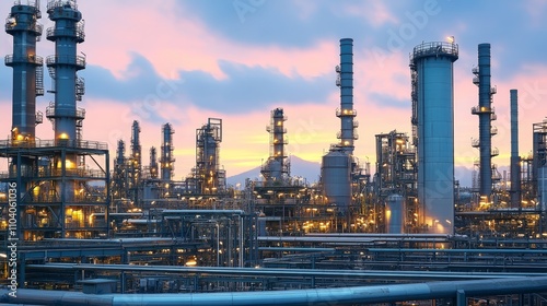 Industrial landscape at sunset with towering structures and illuminated pipelines.