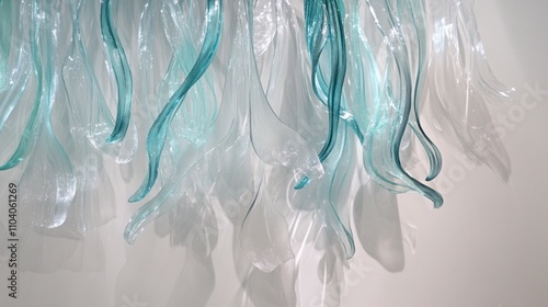 Delicate strands of glowing aqua and pale silver cascade like flowing water suspended in midair. The translucent layers shimmer with subtle reflections, evoking serenity and elegance.