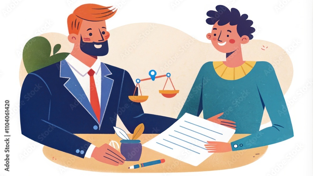 Professional male lawyer advising a happy client in an office setting with legal documents, scales of justice, and a warm, friendly atmosphere of consultation and support. Professional male lawyer advising a happy client in an office setting with legal documents, scales of justice, and a warm, friendly atmosphere of consultation and support.
