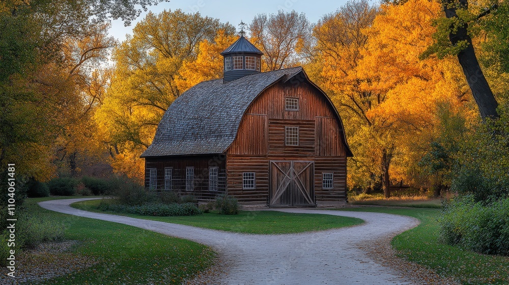 A rustic barn surrounded by vibrant autumn foliage and a winding path. A rustic barn surrounded by vibrant autumn foliage and a winding path.