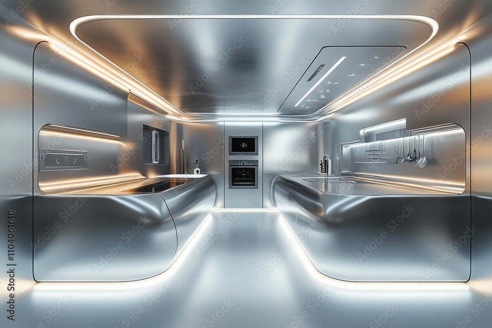 A sleek high-tech kitchen with smooth metallic surfaces and touch-screen panels, illuminated by soft ambient lighting, showcasing futuristic design and automated appliances A sleek high-tech kitchen with smooth metallic surfaces and touch-screen panels, illuminated by soft ambient lighting, showcasing futuristic design and automated appliances