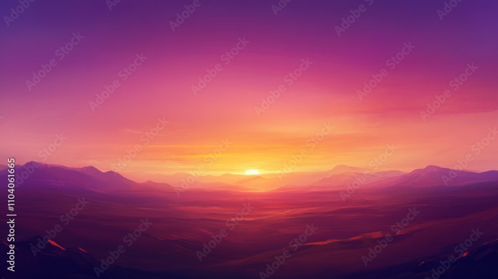 Obraz premium Vibrant sunset over a hazy mountain range, with warm and cool colors dominating the sky and landscape.