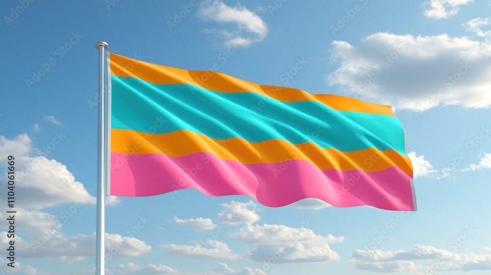 Vibrant horizontal striped flag waving against a blue sky with fluffy white clouds. Vibrant horizontal striped flag waving against a blue sky with fluffy white clouds.
