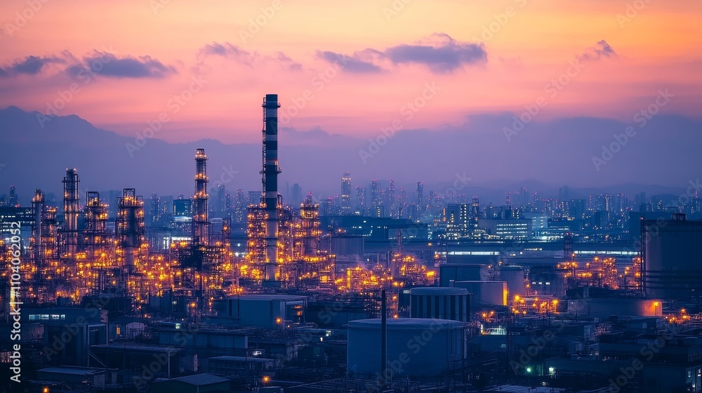 Fototapeta premium An industrial landscape at dusk, showcasing factories and smokestacks illuminated against the twilight sky.