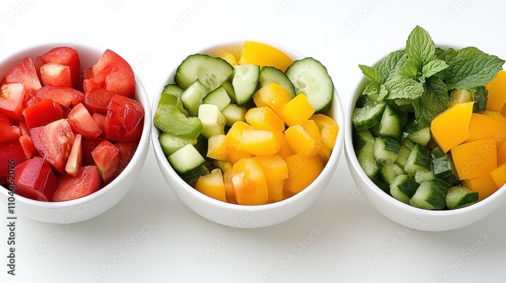 Fresh, colorful bowls of diced fruits and vegetables, featuring tomatoes, cucumbers, and bell peppers, garnished with mint leaves. Fresh, colorful bowls of diced fruits and vegetables, featuring tomatoes, cucumbers, and bell peppers, garnished with mint leaves.