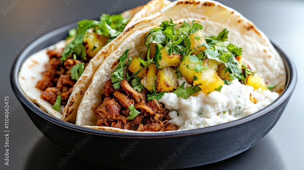 Delicious tacos filled with seasoned meat, topped with fresh herbs and pineapple salsa, served alongside creamy rice in a stylish bowl. Delicious tacos filled with seasoned meat, topped with fresh herbs and pineapple salsa, served alongside creamy rice in a stylish bowl.