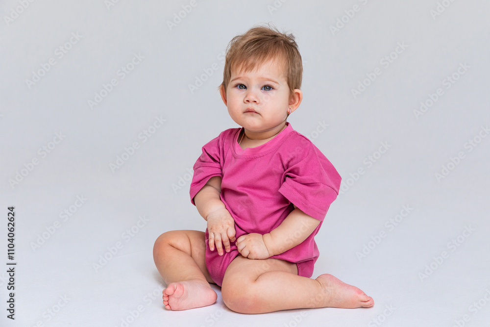 Cute baby girl in a pink bodysuit sitting on a white background with empty copy space. Closeup. Childhood and fashion. Birthday party concept. High quality photo Cute baby girl in a pink bodysuit sitting on a white background with empty copy space. Closeup. Childhood and fashion. Birthday party concept. High quality photo