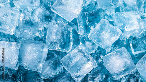 Close up of ice cubes in a blue container. The ice cubes are all different sizes and shapes, but they all have a similar blue color. Concept of coldness and chilliness