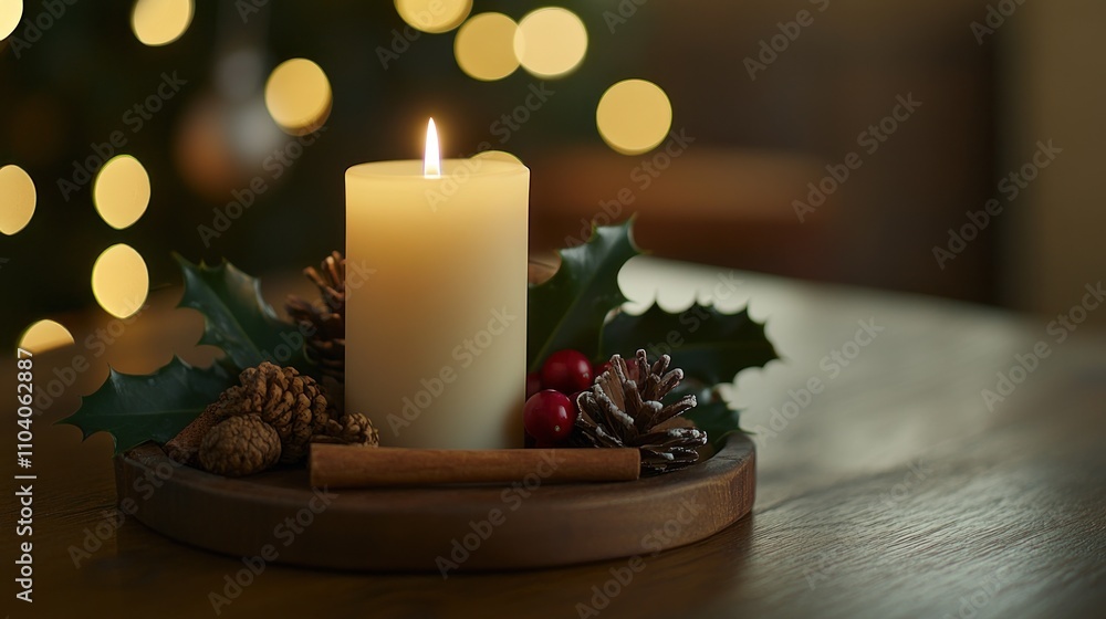 Lit candle with holiday decor on wooden tray.