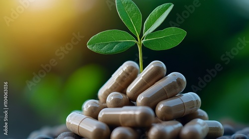 A close-up of herbal capsules with a young green plant growing from a pile, symbolizing health and wellness. Natural light enhances the serene atmosphere.
