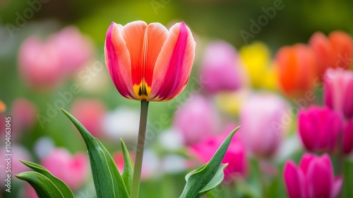 A vibrant tulip stands out among a colorful garden of blooming flower.