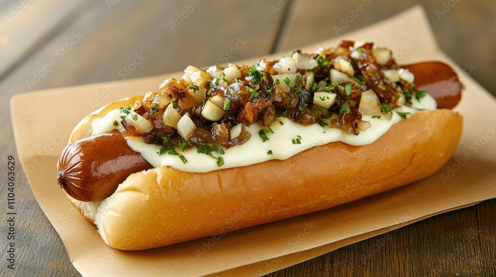 A delicious hot dog topped with creamy sauce and savory sauteed onions, served in a soft bun on a rustic surface. A delicious hot dog topped with creamy sauce and savory sauteed onions, served in a soft bun on a rustic surface.