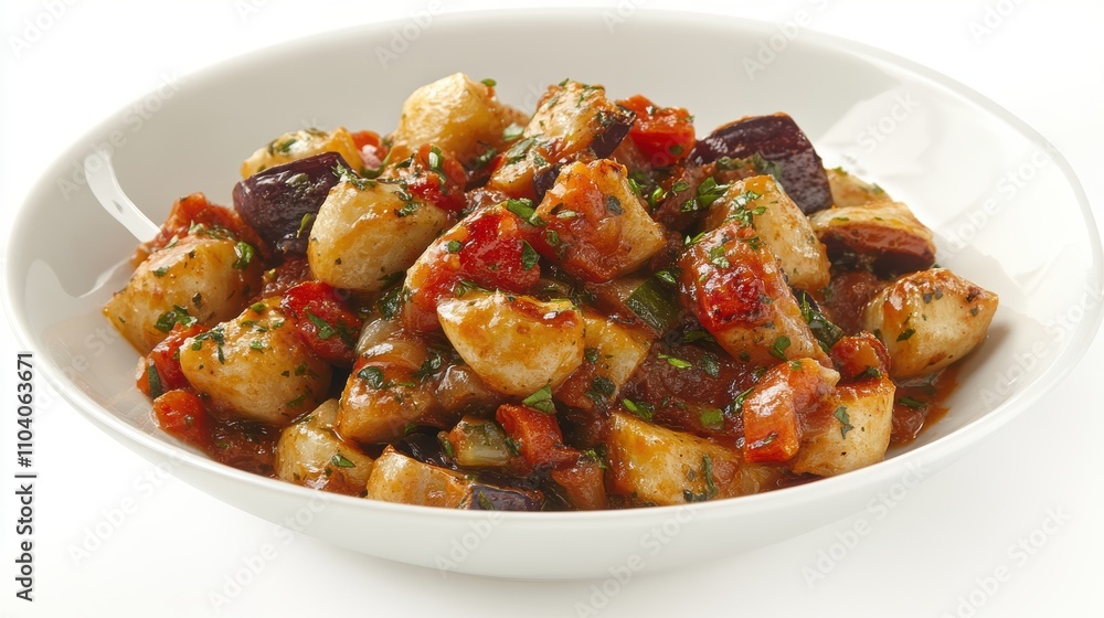 Roasted vegetable stew in a white bowl. Roasted vegetable stew in a white bowl.