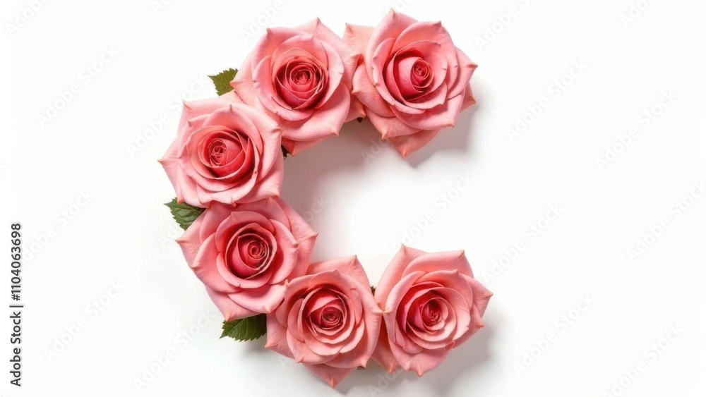 Letter C made from white- pink roses with green leaves on a white isolated background Letter C made from white- pink roses with green leaves on a white isolated background