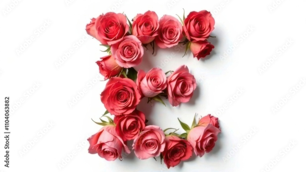 Letter E made from white- pink roses with green leaves on a white isolated background Letter E made from white- pink roses with green leaves on a white isolated background